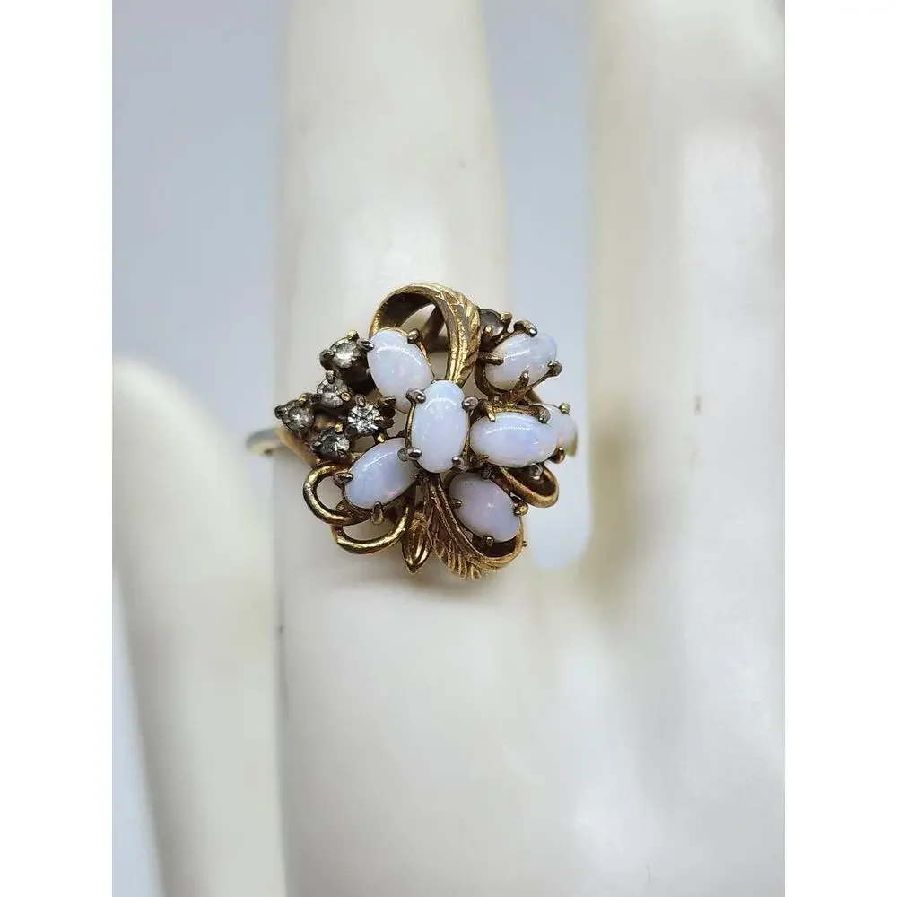 Vintage Opalene Rhinestone Cocktail Ring Gold Plated Floral Leaf Cluster Size 9